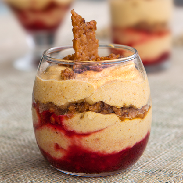 Pumpkin Mousse with Toffee Crunch and Cran-Raspberry Sauce