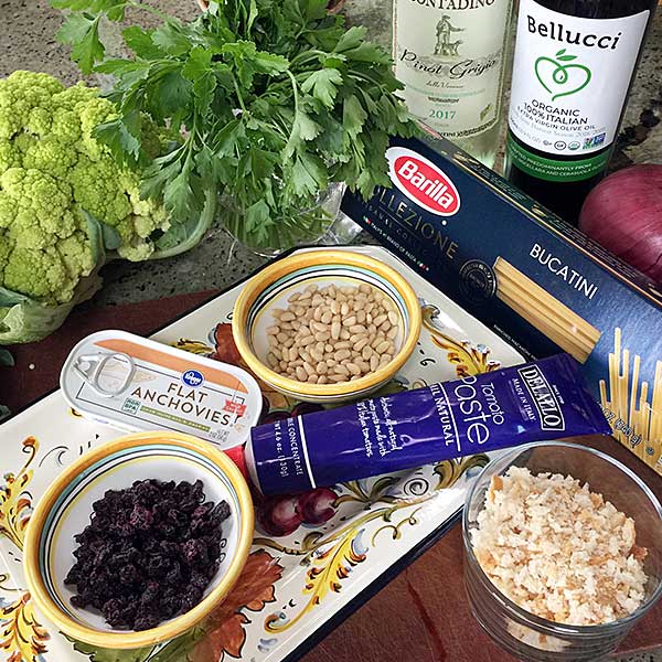 ingredients for Pasta with Cauliflower, Pine Nuts and Currants from Coming Home to Sicily Cookbook