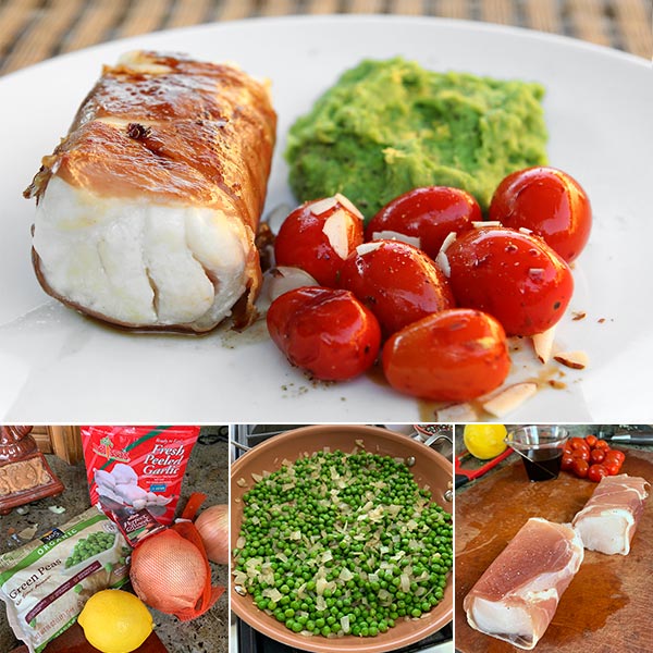 Prosciutto Wrapped Halibut with Pea Puree & Balsamic Tomatoes from The Fresh 20 website